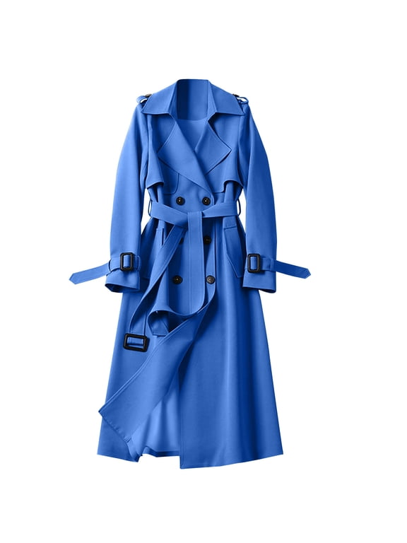 Women's Double Breasted Long Trench Coat Belted Notch Lapel Overcoat Windproof Classic Outerwear Dressy Business Office Pea Coat