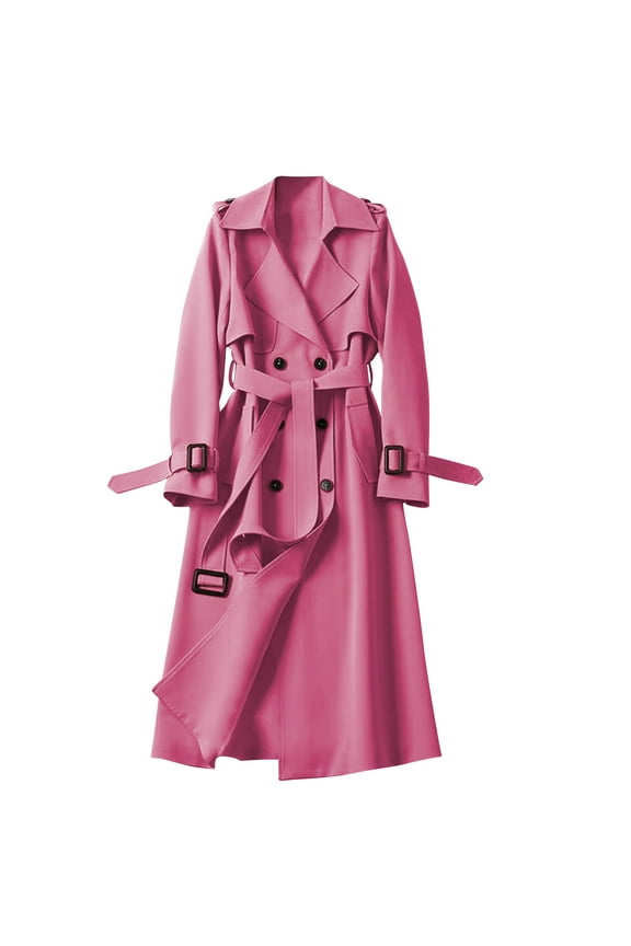 Women's Double Breasted Long Trench Coat Belted Notch Lapel Overcoat Windproof Classic Outerwear Dressy Business Office Pea Coat