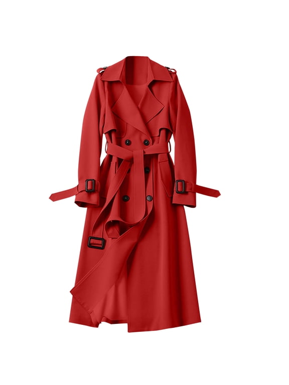 Women's Double Breasted Long Trench Coat Belted Notch Lapel Overcoat Windproof Classic Outerwear Dressy Business Office Pea Coat
