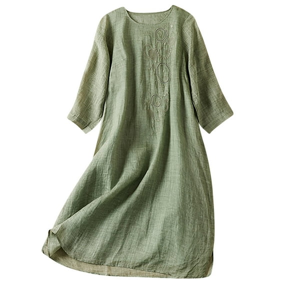 VEKDONE Women's Dress Summer 3/4 Sleeve Maxi Dresses Boho Cotton Linen Long Dresses Casual Flowy Tunic Dresses Green,XXL