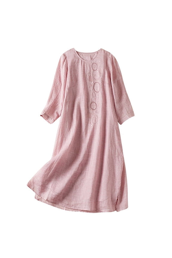 Women's Dress Summer 3/4 Sleeve Maxi Dresses Boho Cotton Linen Long Dresses Casual Flowy Tunic Dresses Pink,M