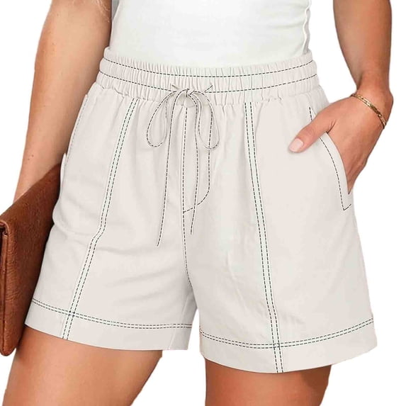 VEKDONE Women's Elastic Waisted Shorts Casual Loose Fit Drawstring Bermuda Shorts Solid Color Comfy Lounge Shorts with Pockets White M