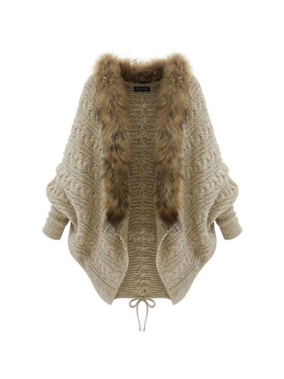 Women's Elegant Faux Fur Coats Collar Open Front Poncho Cape Fall Winter Batwing Sleeve Fleece Warm Sweater Cardigan Coat