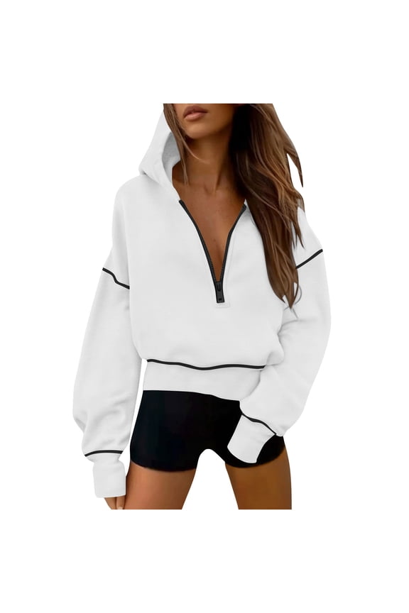 Women's Fall Half Zip Cropped Hoodie Sweatshirt | Long Sleeve Pullover, Thin Fleece Lining, Casual Athleisure, Contrast Patchwork, Going Out Outfits, Fall Fashion Y2K Clothes White M