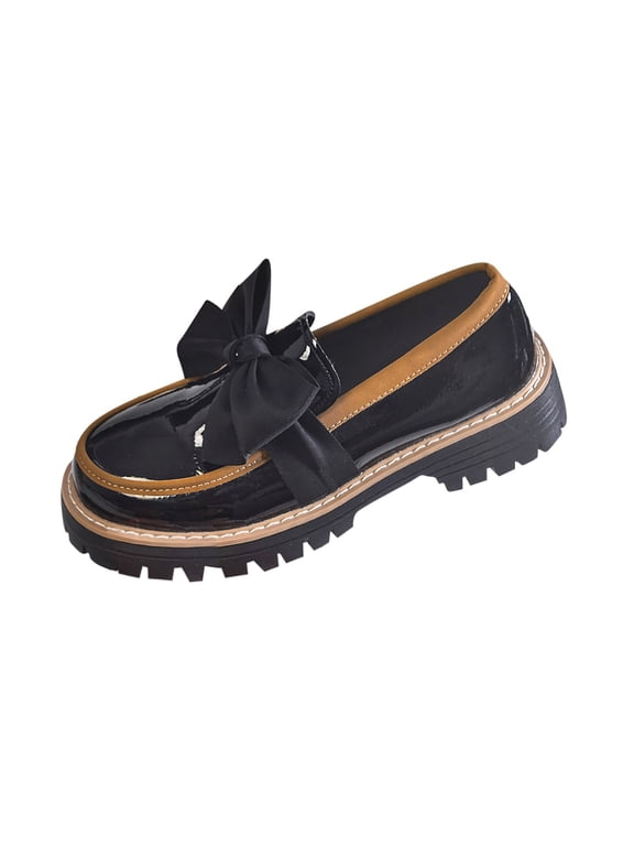 Women's Fashionable Versatile Casual Multi-Colored Plus-Size Shoes Spring/Summer Style Trendy Comfortable Bow Thick-Soled Loafers Black 9