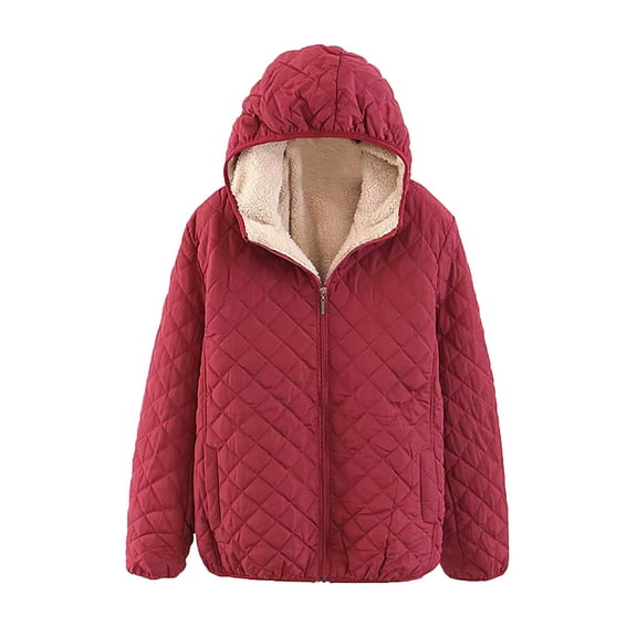 VEKDONE Women's Fleece Hooded Jackets Winter Sherpa Lined Puffer Quilted Jacket Zip Up Long Sleeve Solid Coat Warm Outerwear with Pockets