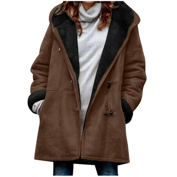 VEKDONE Women's Fleece Warm Hoodie Jackets 2025 Fall Winter Long Sleeve Plush Hooded Coat with Pockets Solid Color Horn Button Thickened Outwear Coffee S