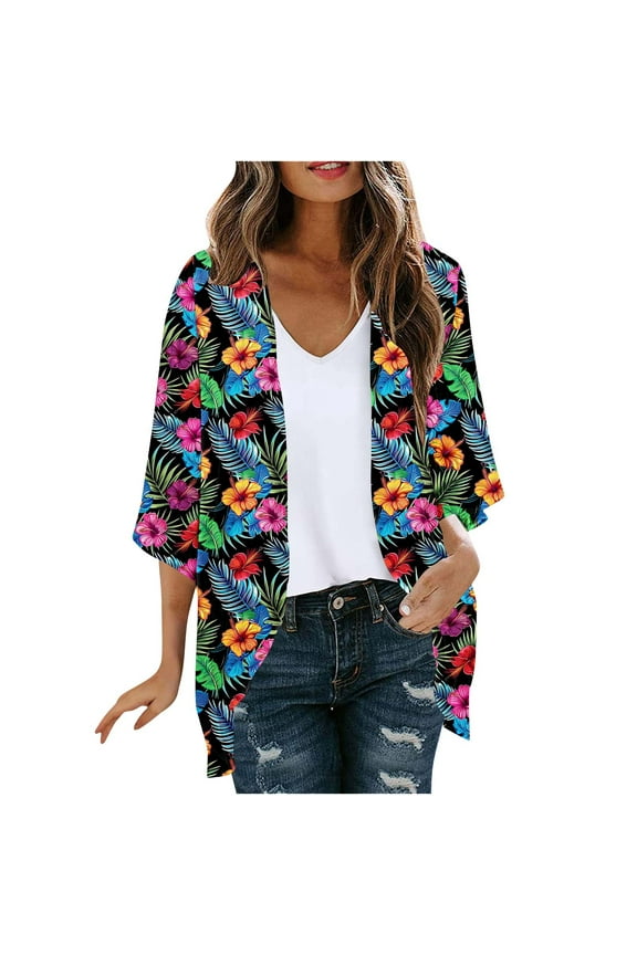 Women's Floral Print Sheer Chiffon 3/4 Bat Sleeve Casual Loose Kimono Cardigan Capes Summer Lightweight Long Beach Cover Ups