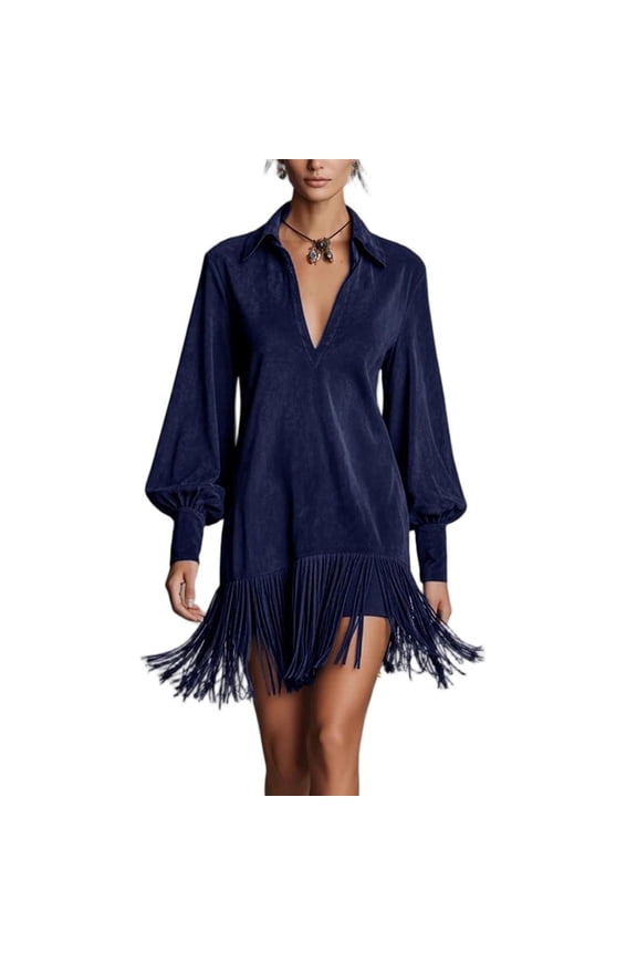 Women's Fringe Shirt Dress Suede Tassel Hem V Neck Dress Long Puff Sleeve Boho Casual Dresses Fashion Western Cowboy Mini Dress Navy S
