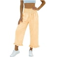 thumbnail image 1 of VEKDONE Women's Gingham Capri Pants Elastic Waist Ruffle Hem Wide Leg Capris Casual Loose Fit Lightweight Cropped Trouser with Pockets Orange S, 1 of 6