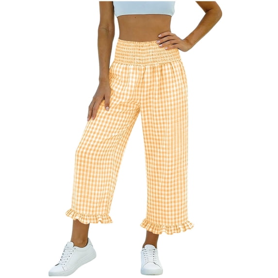 VEKDONE Women's Gingham Capri Pants Elastic Waist Ruffle Hem Wide Leg Capris Casual Loose Fit Lightweight Cropped Trouser with Pockets Orange S