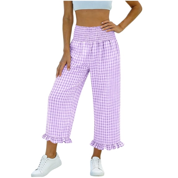 VEKDONE Women's Gingham Capri Pants Elastic Waist Ruffle Hem Wide Leg Capris Casual Loose Fit Lightweight Cropped Trouser with Pockets Purple XL