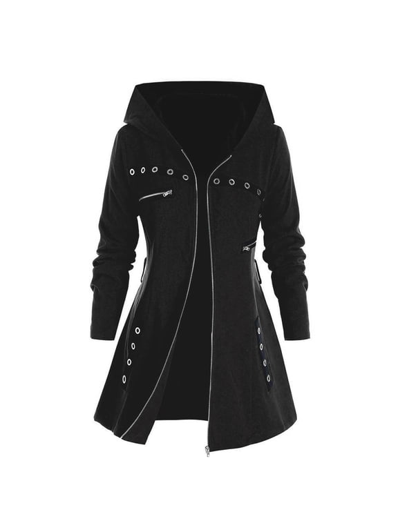 Women's Gothic Hoodie Jackets Long Sleeve Zip Up Slim Fit Hooded Jacket Coat with Belt Costume Winter Fashion Outerwear with Pockets