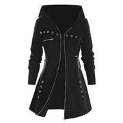 VEKDONE Womens Gothic Hoodie Jackets Long Sleeve Zip Up Slim Fit Hooded Jacket Coat with Belt Costume Winter Fashion Outerwear with Pockets