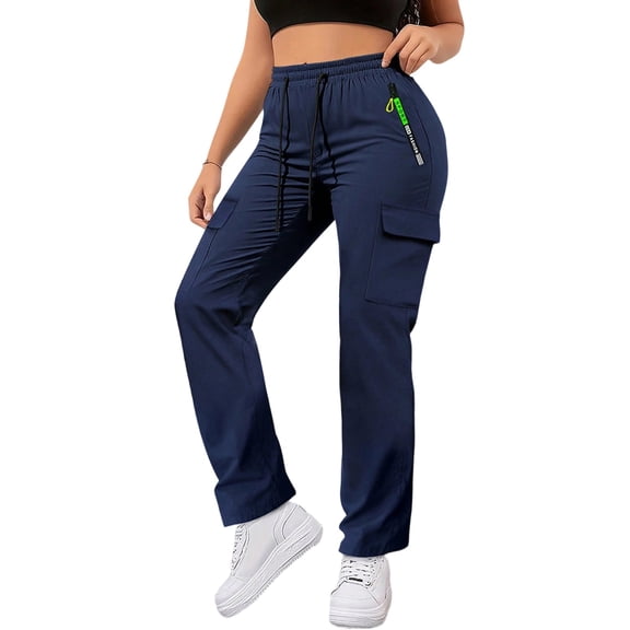 VEKDONE Women's Hiking Cargo Pants Elastic Waist Drawstring Travel Camping Work Cargo Pants with Zipper Pockets Navy L