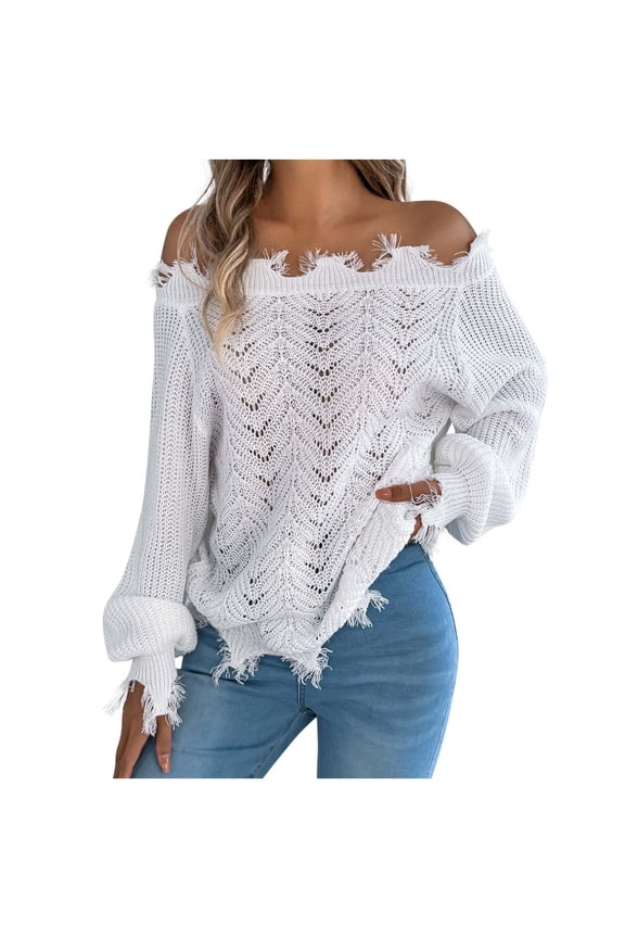 Women's Knit Sweater Fashion Raw Hem Distressed Off Shoulder Pullover Sweaters Casual Hollow Out Long Sleeve Loose Fit Solid Jumper Tops