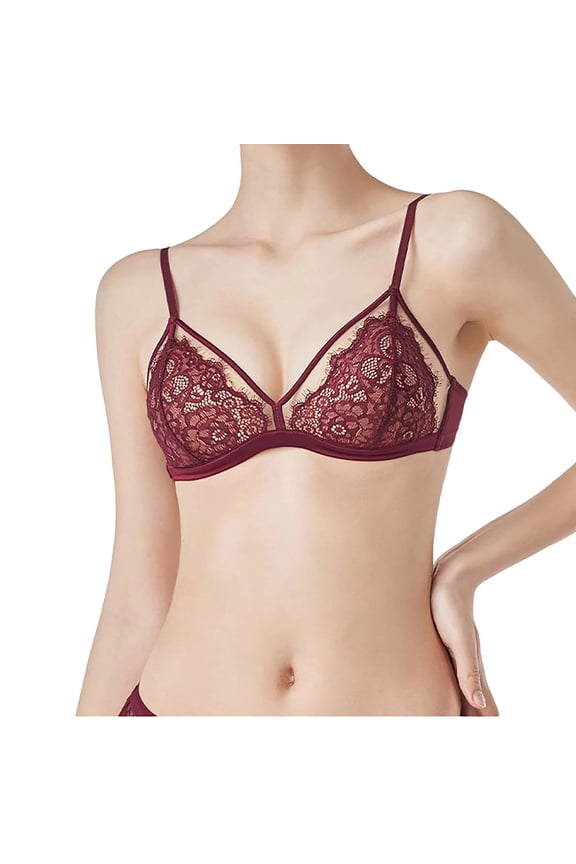 Women's Lace Bras Wireless See Through Bra Triangle Bras Low Cut Demi Unpadded Bralette Sexy No Underwire Everyday Bra Wine Size XL