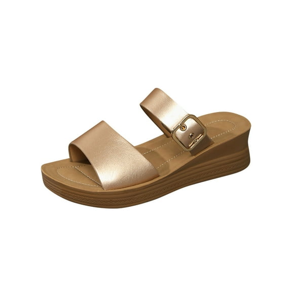 VEKDONE Women's Leather Sandals Women's Fashion Casual Summer New Style Solid Color Platform Thick Bottom Wedge Heel Slippers