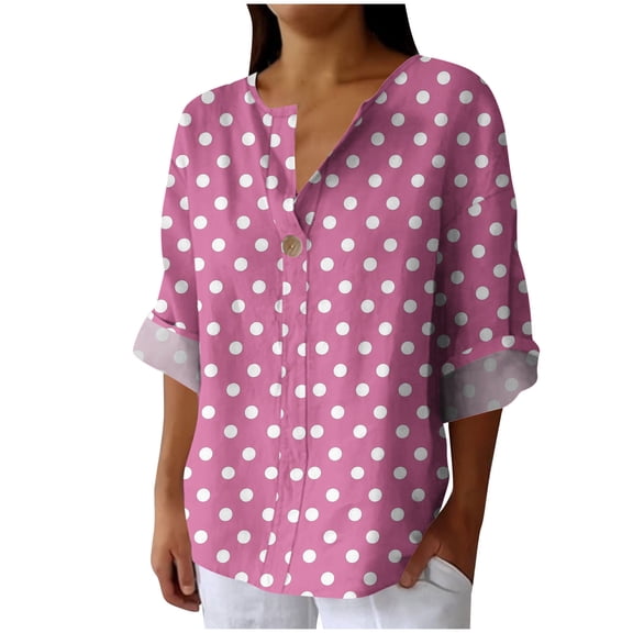 VEKDONE Women's Linen Button Shirts Fall Long Sleeve V-Neck Tunic Tops Polka Dot Print Plus Size Blouse Casual Loose Lightweight Pullover Top