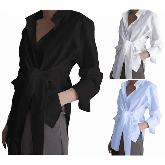 VEKDONE Women's Long Sleeve Button Down Shirts Tie Waist Loose Lightweight Blouses Solid Color Office Work Tops Fashion Outdoor Streetwear Shirt
