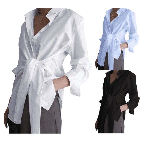 VEKDONE Women's Long Sleeve Button Down Shirts Tie Waist Loose Lightweight Blouses Solid Color Office Work Tops Fashion Outdoor Streetwear Shirt
