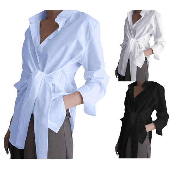 VEKDONE Women's Long Sleeve Button Down Shirts Tie Waist Loose Lightweight Blouses Solid Color Office Work Tops Fashion Outdoor Streetwear Shirt