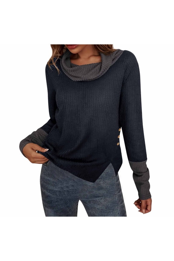 Women's Long Sleeve Cowl Neck Tops Color Block Loose Fit Pullover Sweater Waffle Knit Tops Casual Turtleneck Sweaters with Side Button Split