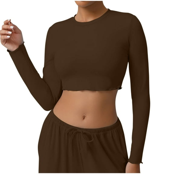 VEKDONE Women's Long Sleeve Crewneck Crop Top Solid Color Slim Fitted Basic Tees Layer Y2K Shirts Casual Outdoor Workout Yoga Blouse Fall Fashion Outfits 2025