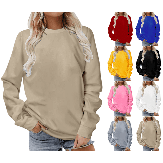 VEKDONE Women's Long Sleeve Crewneck Sweatshirts Plus Size Solid Color Basic Pullover Top Casual Loose Fit Lightweight Sweatshirt Fall Winter Thin Fleece Athletic Tops