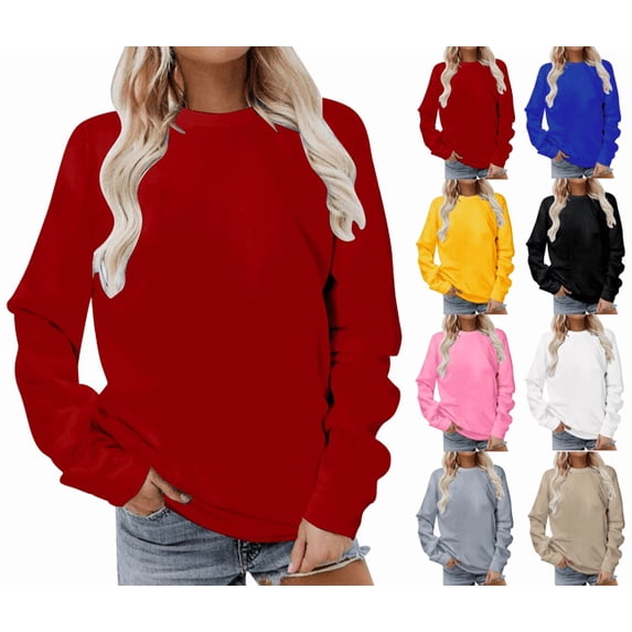 VEKDONE Women's Long Sleeve Crewneck Sweatshirts Plus Size Solid Color Basic Pullover Top Casual Loose Fit Lightweight Sweatshirt Fall Winter Thin Fleece Athletic Tops