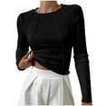thumbnail image 1 of VEKDONE Women's Long Sleeve Ribbed Knit Crop Tops Casual Crew Neck Slim Fitted Tunic Tops Exposed Seams Basic Tee Solid Color Tight Shirts, 1 of 6