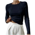 thumbnail image 1 of VEKDONE Women's Long Sleeve Ribbed Knit Crop Tops Casual Crew Neck Slim Fitted Tunic Tops Exposed Seams Basic Tee Solid Color Tight Shirts, 1 of 6