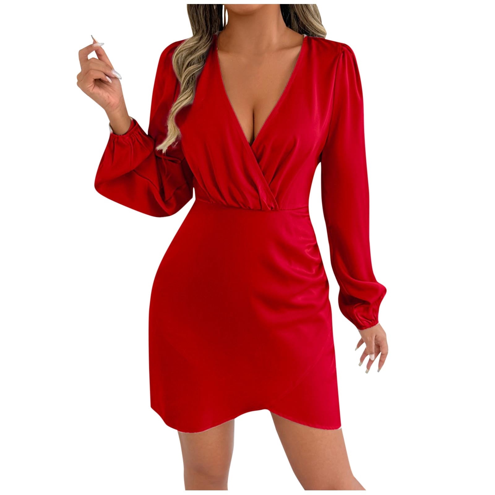 VEKDONE Women's Long Sleeve Satin Dress Sexy Deep V Neck Formal Dresses ...