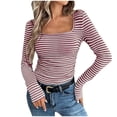 thumbnail image 1 of VEKDONE Women's Long Sleeve Square Neck Shirts Fashion Stripe Color Block Pullover Tops Casual Stretch Slim fit Basic Tops Fall Loose Tunics, 1 of 8