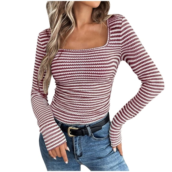VEKDONE Women's Long Sleeve Square Neck Shirts Fashion Stripe Color Block Pullover Tops Casual Stretch Slim fit Basic Tops Fall Loose Tunics