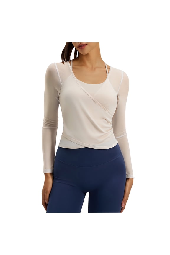 Women's Long Sleeve Yoga Tops Mesh Gym Athletic Workout Shirts Criss Cross Sports Blouses Scoop Neck Slim Fit Tunic Tops Crop Shirts