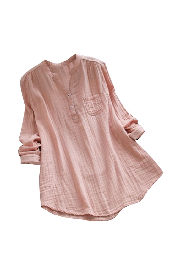 Women's Mexican Linen Tshirts 2025 Summer Long Sleeve Button V-Neck Blouse Plus Size Loose Fit Tunics Tops Curved Hem Casual Shirts Pink L