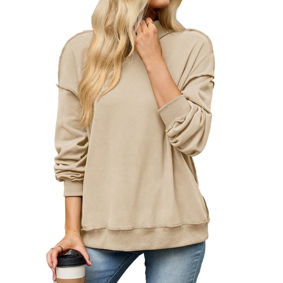 VEKDONE Women's Mock Neck Sweatshirt Oversized Long Sleeve Loose Fit Pullover Top Solid Color Lightweight Comfy Lounge Sweatshirts Beige S