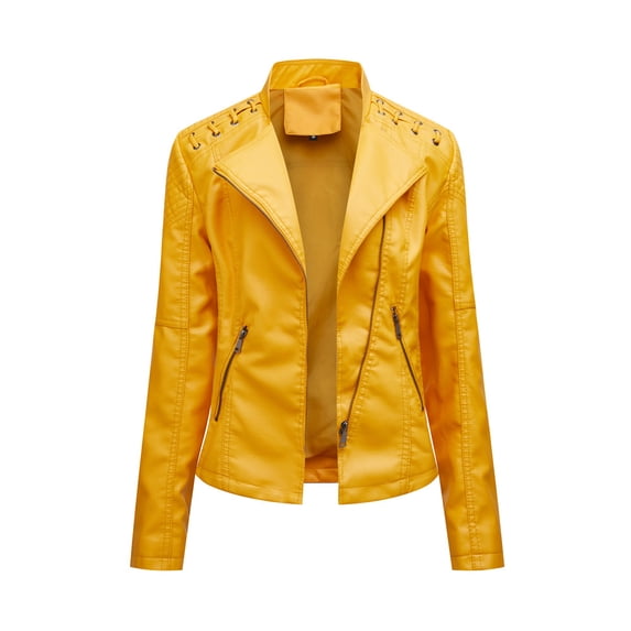 VEKDONE Women's Motorcycle Jacket Fashion Dressy Leather Biker Coat Lightweight Slim Fit Cropped Jackets Solid Color Zip Up Moto Jacket with Pockets