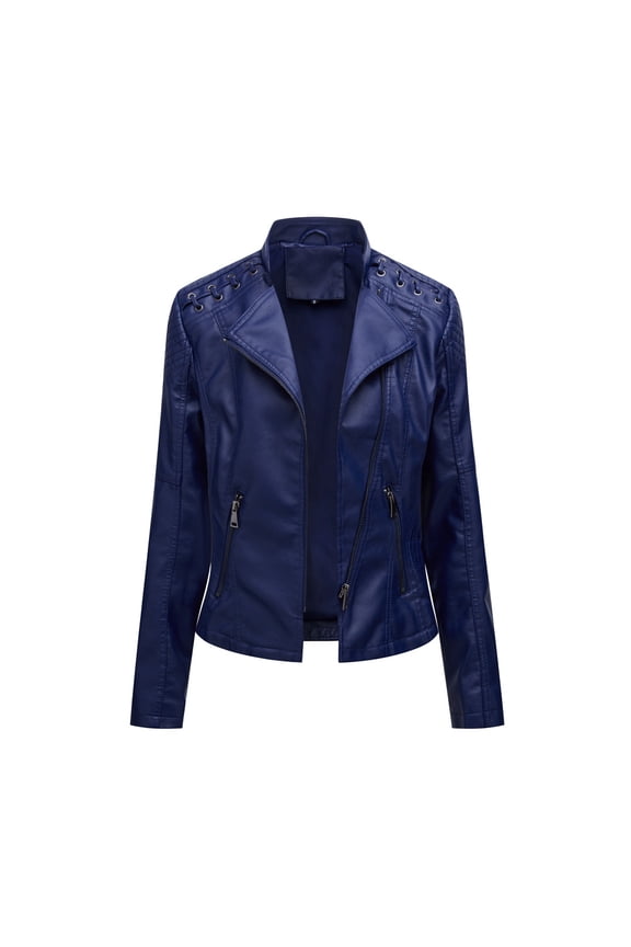 Women's Motorcycle Jacket Fashion Dressy Leather Biker Coat Lightweight Slim Fit Cropped Jackets Solid Color Zip Up Moto Jacket with Pockets