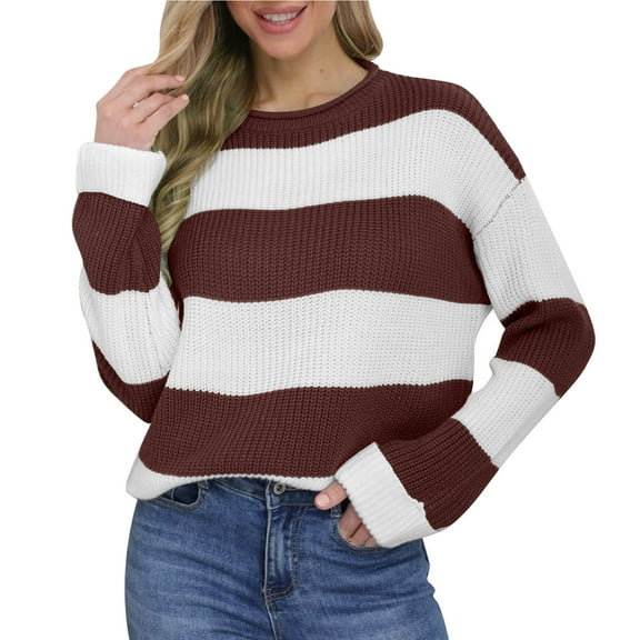 VEKDONE Women's Oversized Sweaters Striped Color Block Knit Sweater Fall Winter Long Sleeve Crew Neck Knitted Pullover Sweater Soft Loose Fit Tops