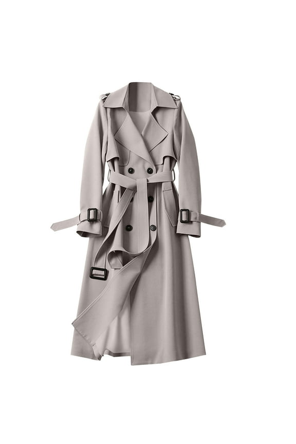 Women's Pea Coat Long Sleeve Double Breasted Parka Jacket Solid Color Notch Lapel Long Overcoat with Belt Fall Winter Fleece Warm Trench Jackets Beige XXL