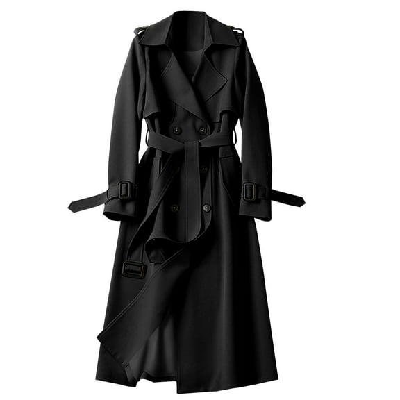 VEKDONE Women's Pea Coat Long Sleeve Double Breasted Parka Jacket Solid Color Notch Lapel Long Overcoat with Belt Fall Winter Fleece Warm Trench Jackets Black XXL