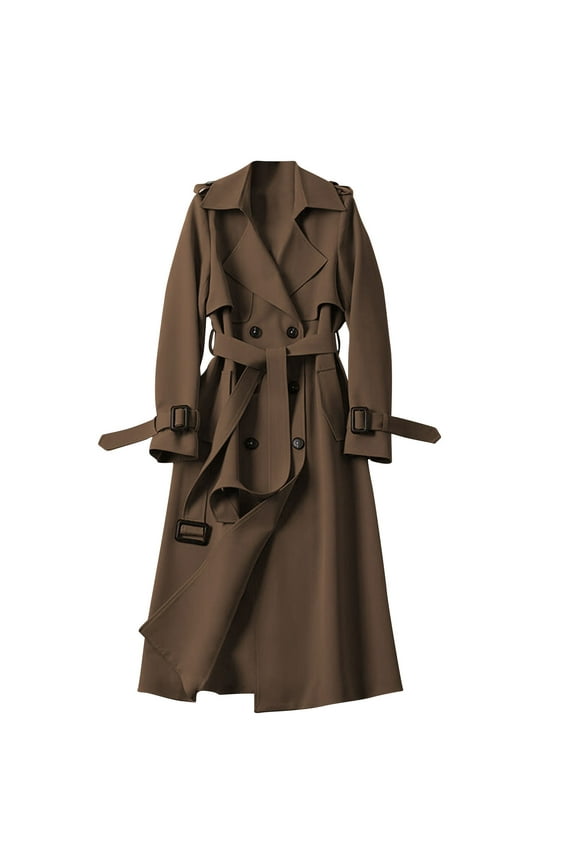 Women's Pea Coat Long Sleeve Double Breasted Parka Jacket Solid Color Notch Lapel Long Overcoat with Belt Fall Winter Fleece Warm Trench Jackets Coffee M