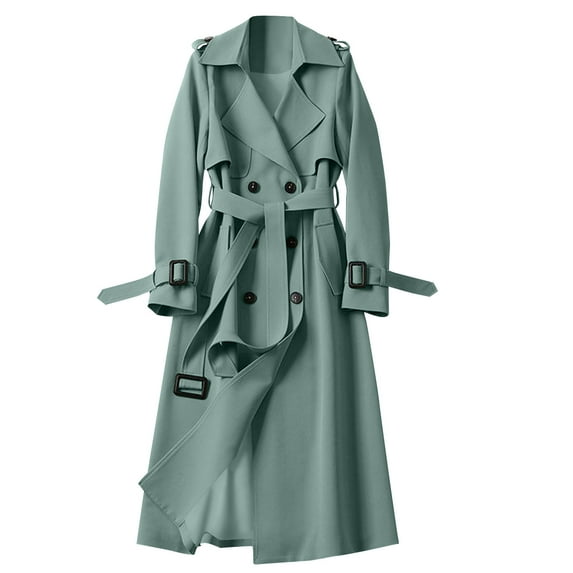 VEKDONE Women's Pea Coat Long Sleeve Double Breasted Parka Jacket Solid Color Notch Lapel Long Overcoat with Belt Fall Winter Fleece Warm Trench Jackets Green XXL