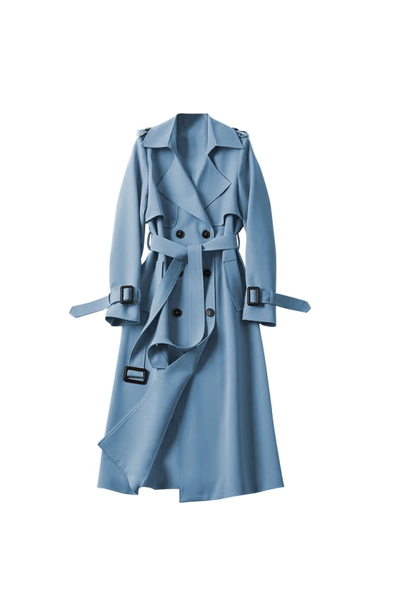 Women's Pea Coat Long Sleeve Double Breasted Parka Jacket Solid Color Notch Lapel Long Overcoat with Belt Fall Winter Fleece Warm Trench Jackets Light Blue M