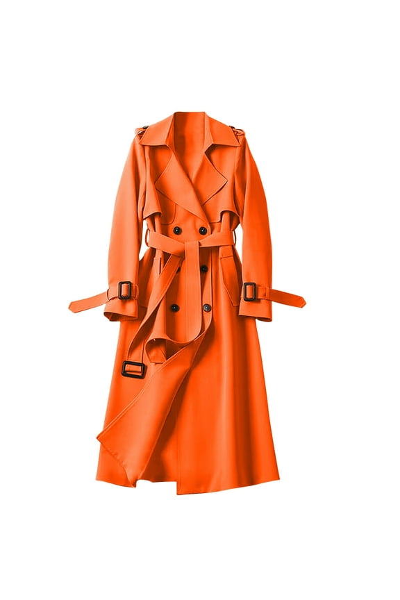 Women's Pea Coat Long Sleeve Double Breasted Parka Jacket Solid Color Notch Lapel Long Overcoat with Belt Fall Winter Fleece Warm Trench Jackets Orange XXL