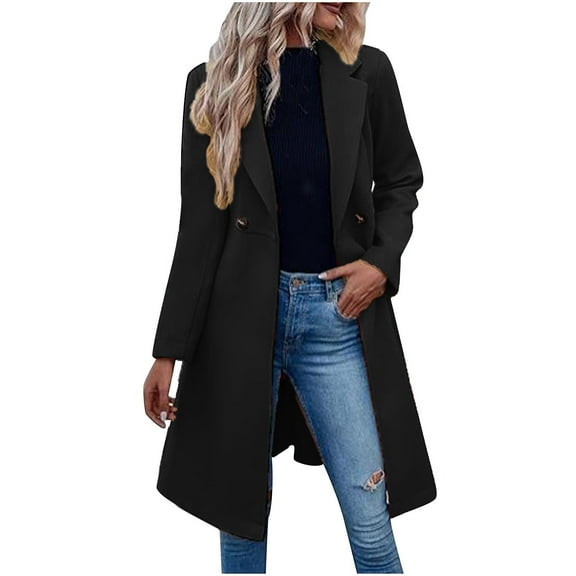 VEKDONE Women's Pea Coat Long Sleeve Double Breasted Parka Jacket Solid Color Notch Lapel Long Overcoat with Belt Fall Winter Fleece Warm Trench Jackets