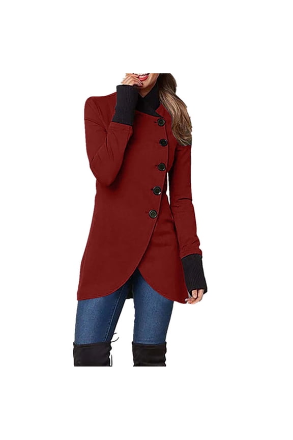 Women's Pea Coats Fall Solid Color Thin Fleece Coat Long Sleeve Single Breasted Jackets Casual Irregular Hem Slim Trench Coats Plus Size Long Outerwear Jacket