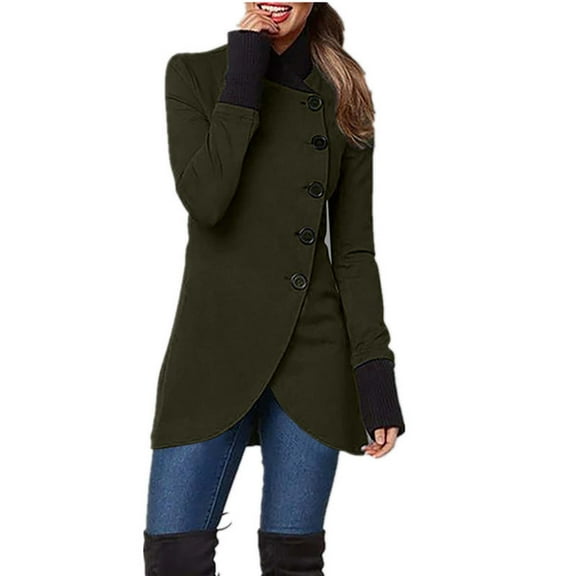 VEKDONE Women's Pea Coats Fall Solid Color Thin Fleece Coat Long Sleeve Single Breasted Jackets Casual Irregular Hem Slim Trench Coats Plus Size Long Outerwear Jacket